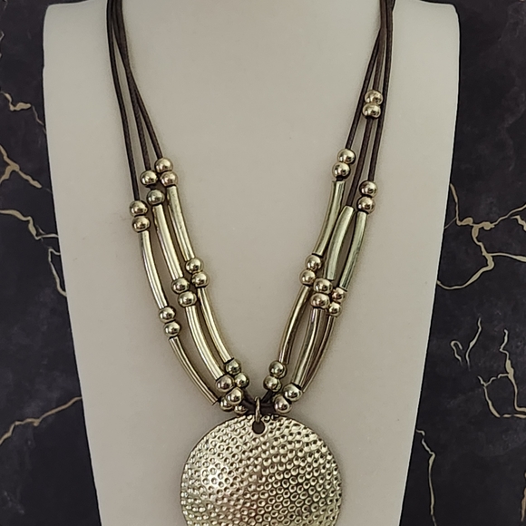 Jewelry - Boho Tribal Hammered Gold-tone Pendant Necklace With Leather Cording